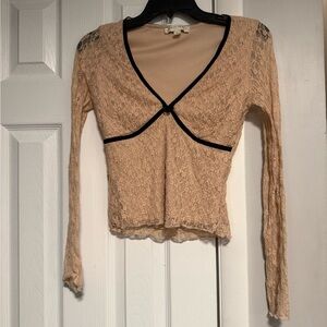 Y2K Sheer Lace Long Sleeve Top – Nude w/ Black Trim 🖤